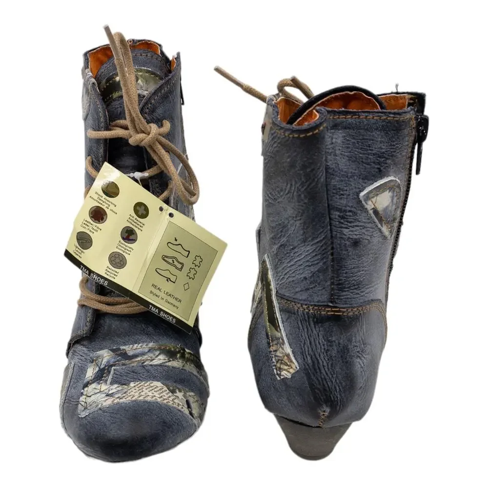 TMA EYES Distressed Boho Newsprint Layered Leather Heeled Ankle Boots 7 Women's